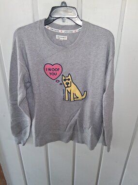 Life Is Good Women's I WOOF YOU Gray Crew Neck Sweater NWT Sz M